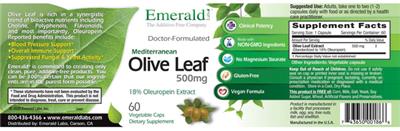 Photo of the Emerald Labs Olive Leaf 500 mg label