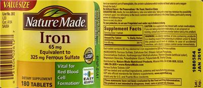 Photo of the Nature Made Iron 65 mg label