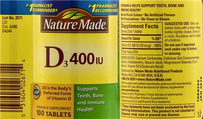 Photo of the Nature Made D3 400 IU label