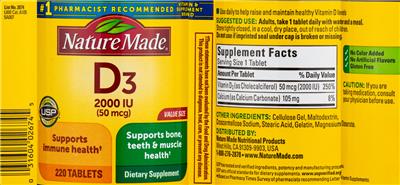 Photo of the Nature Made D3 2000 IU (50 mcg) label