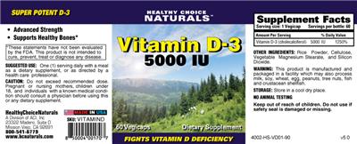 Photo of the Healthy Choice Naturals Vitamin D-3 5000 IU label