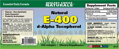Photo of the Healthy Choice Naturals Natural E-400 d-Alpha Tocopherol label