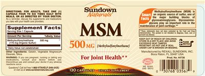 Photo of the Sundown Naturals MSM 500 mg label