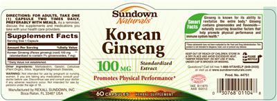 Photo of the Sundown Naturals Korean Ginseng 100 mg label
