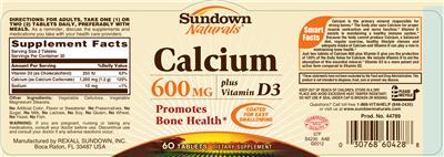 Photo of the Sundown Naturals Calcium 600 mg Plus Vitamin D3 label