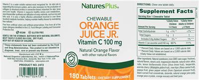 Photo of the NaturesPlus Chewable Orange Juice Jr. Vitamin C 100 mg Natural Orange Flavor label