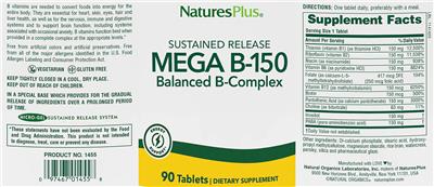 Photo of the NaturesPlus Mega B-150 Balanced B-Complex label
