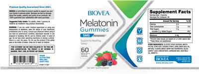 Product label for Melatonin Gummies 5 mg Mixed Berry Flavored