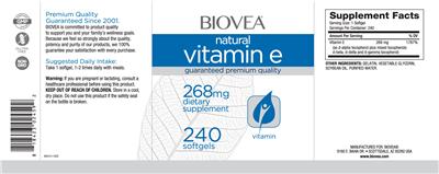 Photo of the BIOVEA Natural Vitamin E 268 mg label