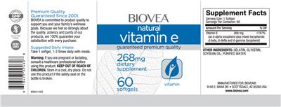 Photo of the BIOVEA Natural Vitamin E 268 mg label