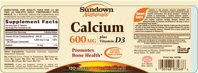 Photo of the Sundown Naturals Calcium 600 mg Plus Vitamin D3 label