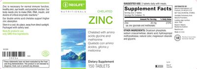 Photo of the NeoLife Nutritionals Chelated Zinc label