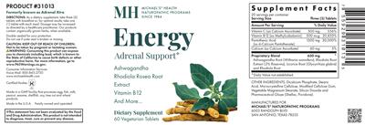 Photo of the MH Michael's Health Naturopathic Programs Energy Adrenal Support label