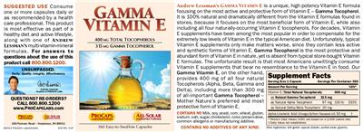 Photo of the ProCaps Laboratories Gamma Vitamin E label