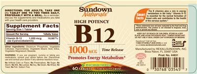Photo of the Sundown Naturals High Potency B12 1000 mcg Time Release label