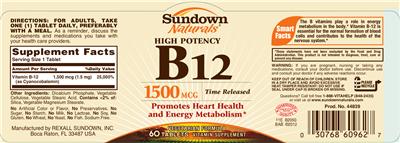 Photo of the Sundown Naturals High Potency B12 1500 mcg Time Released label