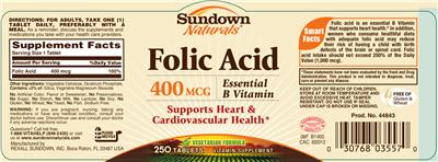 Photo of the Sundown Naturals Folic Acid 400 mcg label