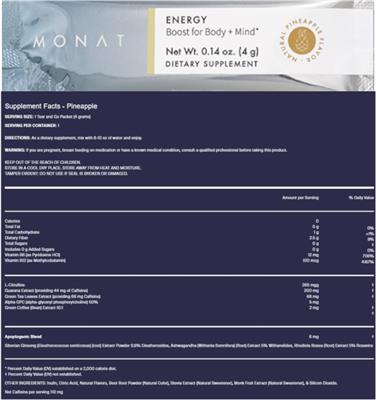 Photo of the MONAT Energy Pineapple label
