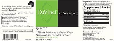Photo of the DaVinci Laboratories 5-HTP 50 mg label