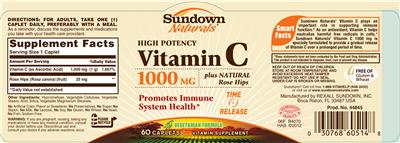 Photo of the Sundown Naturals High Potency Vitamin C 1000 mg label