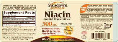 Photo of the Sundown Naturals Niacin Inositol Hexanicotinate 500 mg label