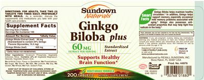 Photo of the Sundown Naturals Ginkgo Biloba Plus 60 mg label