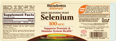 Photo of the Sundown Naturals High Selenium Yeast Selenium 100 mcg label