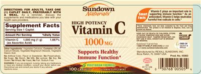 Photo of the Sundown Naturals High Potency Vitamin C 1000 mg label