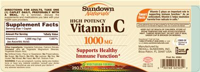 Photo of the Sundown Naturals High Potency Vitamin C 1000 mg label