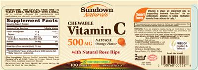 Photo of the Sundown Naturals Chewable Vitamin C 500 mg Natural Orange Flavor label
