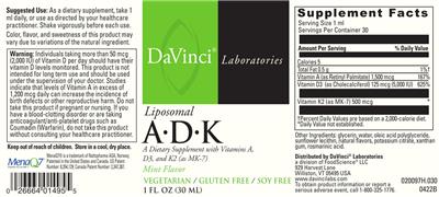 Photo of the DaVinci Laboratories Liposomal A-D-K Mint Flavor label