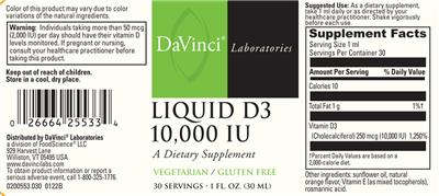 Photo of the DaVinci Laboratories Liquid D3 10,000 IU label