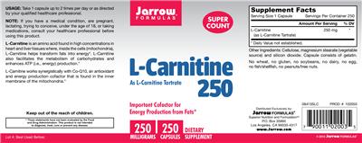 Photo of the Jarrow Formulas L-Carnitine 250 mg label