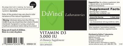 Photo of the DaVinci Laboratories Vitamin D3 5,000 IU label