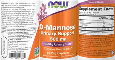 Photo of the NOW D-Mannose Urinary Support 500 mg label