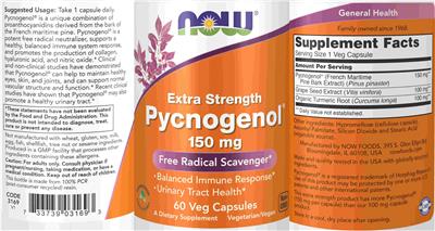 Photo of the NOW Extra Strength Pycnogenol 150 mg label