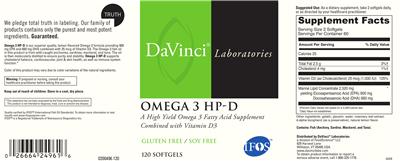 Photo of the DaVinci Laboratories Omega 3 HP-D label