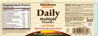 Photo of the Sundown Naturals Daily Multiple Vitamins With Iron label