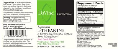 Photo of the DaVinci Laboratories Liposomal L-Theanine Fruit Punch Flavor label