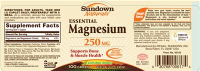 Photo of the Sundown Naturals Essential Magnesium 250 mg label