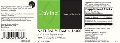 Photo of the DaVinci Laboratories Natural Vitamin E-400 label