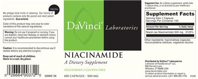Photo of the DaVinci Laboratories Niacinamide 500 mg label