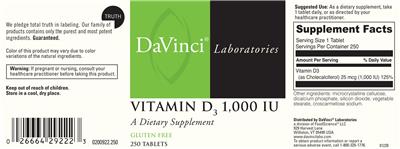 Photo of the DaVinci Laboratories Vitamin D3 1,000 IU label