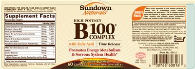 Photo of the Sundown Naturals High Potency B100 Complex With Folic Acid label