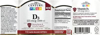 Photo of the 21st Century D3 125 mcg (5000 IU) label