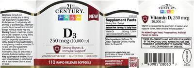 Photo of the 21st Century D3 250 mcg (10,000 IU) label