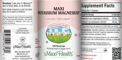 Photo of the Maxi Health Maxi Potassium Magnesium label