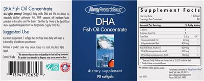 Photo of the Allergy Research Group DHA Fish Oil Concentrate label