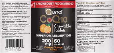 Photo of the Qunol CoQ10 200 mg Chewable Tablets Creamy Orange Flavor label