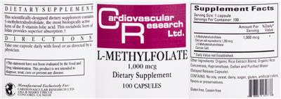 Photo of the Cardiovascular Research L-Methylfolate 1,000 mcg label
